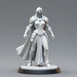 80mm resin detailed miniature of a Very Muscular White Woman, Queen of war, white armor, iron mask and helmet, white cloak, on textured base; Miniature Photos, 4K, Full body; Front view