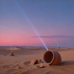beacons of soft light drifting above a desert, classical landscape painting, oil paints, giant ceramic pottery broken and submerged, highly detailed, lasers, late evening with pink light on the horizon, psychedelic colors