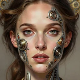 symmetry!! natalie portman, machine parts embedded into face, intricate, elegant, highly detailed, digital painting, artstation, concept art, smooth, sharp focus, illustration, art by artgerm and greg rutkowski and alphonse mucha, 8 k