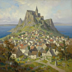 the town of whiterun, oil painting