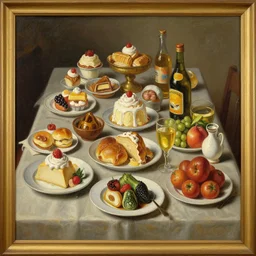 a table with lots of deserts and dishes and fruits and vegetables, oil painting without frame, classical painting, high definition, digital art, matte painting, very detailed