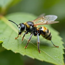 A robotic wasp on a leaf, robotics concept, 50mm macro wildlife photo, digital art