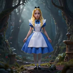 alice in wonderland 3 d, mistic atmosphere, scarry, octane render, intricate, hyper detailed, morning light, well rendered