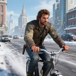 arthur from rdr 2 high detailed face driving bike background russia in future at russia, tolyatti sportivnaia street 7, cars, snow, buildings photorealism