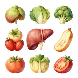 detailed cookbook illustrations of fruits and vegetables that look like human body parts organs