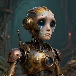 portrait of a sad steampunk robot crying matte painting fantasy background