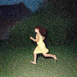 A girl runs to the center of the frame in a yellow sundress, a red elastic band for her hair, a full-length profile, a night photo, a barn and bushes with trees in the background, realistic photo, 8k, 35 mm
