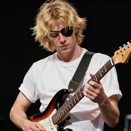 blonde wild hair boy playing fender stratocaster, eye - patch, close - up portrait, plain white tshirt, powerfull, intricate, elegant, volumetric lighting, scenery, digital painting, highly detailed, artstation, sharp focus, illustration, concept art, steve mccurry