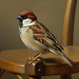highly detailed, an oil painting of a sparrow perched on a chair, sharp focus, artstation, by diego velazquez, oleo