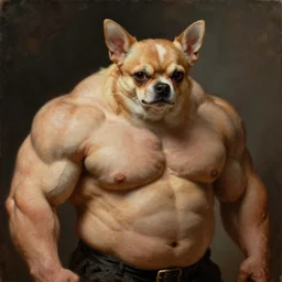 subject:  muscular barbarian dangerous angry oversized chihuahua anthropomorphic mid-body portrait, style:  very detailed heavy textured rembrandt oil painting with dramatic light , very sharp detail