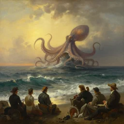 Golden hour sea storm, incredible large octopus in the distance, Ivan Aivazovsky, Christopher Balaskas, Noah Bradley, Albert Bierstadt, Jim Burns, Edwin Church, Frederic Thomas Cole, Brown Durand, Asher David Friedrich, Caspar James Gurney, Johnson Heade, Martin Raphael Lacoste, Ted Nasmith, Andreas Rocha, Christophe Vacher