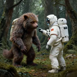 an astronaut comes a across a strange furry creature in a forest, a detailed matte painting by frieke janssens, featured on cgsociety, fantasy art, matte painting, reimagined by industrial light and magic, matte drawing