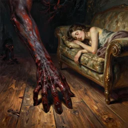 a portal to hell in wooden floorboards. a demonic hand reaches out to a woman, sleeping on a sofa, unaware of the danger awaiting, art by anne stokes