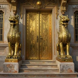 beautiful painting of a temple entrance, symmetrical brass griffon statues, large door at the top of stairs, paper texture, detailed, ornate, art deco, golden hour, rust, metal rivets