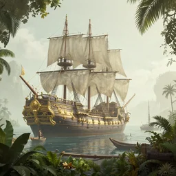 a retrowave aesthetic style artwork of a pirate harbour, pirate ship, divine, hazy, volumetric lighting, lush flora, very detailed, serene, gold accents, washed out colors, beautiful artwork, master level composition, raytracing