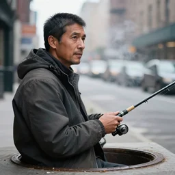closeup portrait of a man fishing in a manhole in a smoky new york street , by Annie Leibovitz and Steve McCurry, natural light, detailed face, CANON Eos C300, ƒ1.8, 35mm, 8K, medium-format print