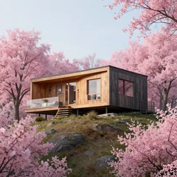 large modern wooden cabin on top of a hill surrounded by pink leaf trees, artstation, jakub rozalski