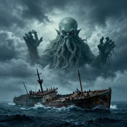 thick clouds, moody, cthulhu, colorized,!!! sunk on the ocean floor, shipwreck, dramatic light, ultrafine, hyperrealistic, 3 2 k, 3 5 mm film still, movie