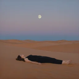 a figurative and surreal minimal painting of a woman lying on the ground in the desert, staring up at the moon at dusk