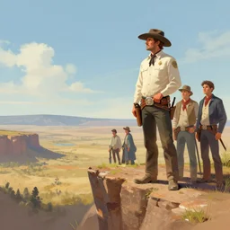 wild west portrait of sheriff man standing at the edge of a cliff looking out, sunny day, digital art by Nerdrum John, William Waterhouse, Winslow Homer, Alex Heywood, Jordan Grimmer, Darren Quach, Greg Rutkowski, Simon Stalenhag, trending on Artstation, CGSociety