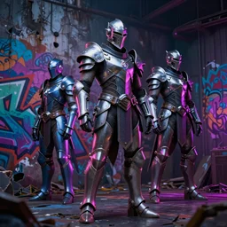 knights of Cydonia in futuristic armor ride in neon light in corroded graffit style,