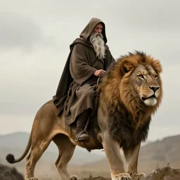 a hooded wise old man ( long white beard wearing a brown hooded tunic ) riding a lion, majestic, epic digital art, cinematic, trending on artstation, superb detail 8 k, wide - angle, masterpiece