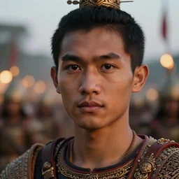 close - up photo of a beautiful khmer warrior prince in a battle scene, detailed eyes, shallow depth of field, photorealistic, cinematic lighting, lovely bokeh, warm colours, dusk