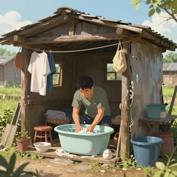 a concept art illustration, asian man washing clothes on a tub inside a makeshift home, hyper realistic, photorealistic, art by wlop, hyper detail, trendung on artstation, cgsociety, ultra sharp, anime style