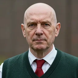 photo portrait of a bald middle aged british man wearing a white collared shirt a dark - green sweater vest and a red tie, realistic, hyperrealistic, 8 k resolution, hd quality, very detailed, highly detailed, intricate details, real life, real world, trending on artstation, digital art, really realistic, very realistic, headshot, head in frame, photograph, portrait, head in frame