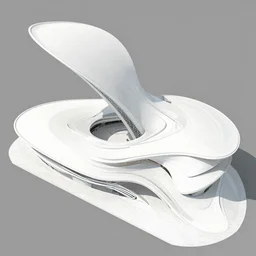 sculptural curved roof planes lift and descend creating shade and architectural expression, dramatic form, 3 d top view axonometric, isometric