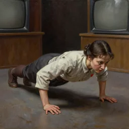 dark oil realistic painting a middle age female communist coach doing pushups in a television station