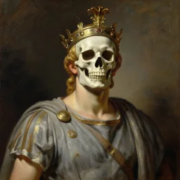 beautiful expressive oil painting portrait of ancient roman god emperor cyborg with a skull mask ascending wearing the civic crown, art by anders zorn, wonderful masterpiece by greg rutkowski, beautiful cinematic light, american romanticism by greg manchess, jessica rossier