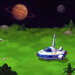 next to a small spaceship on a grass field, on an alien planet, from a sierra point and click 2 d graphic adventure game, set design inspired slightly by ( ( tomb raider ) ), art inspired by [ [ thomas kinkade ] ] and mark keathley and greg rutkowski