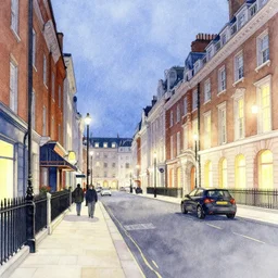 watercolor of a london street at night