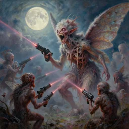concept art of giant mutant fairy attack, lovecraftian, lots of teeth, melting horror, fluffy feathers, round moon, rich clouds, fighting the horrors of the unknown with laser guns, high resolution, very detailed, colorful, roaring, volumetric light, mist, grim, fine art, decaying, textured oil over canvas