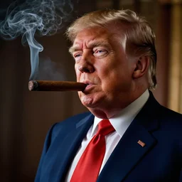 donald trump wearing a suit smoking a cigar on his mouth, dramatic lighting, cinematic, establishing shot, extremly high detail, photorealistic, cinematic lighting, artstation, style by James Gurney