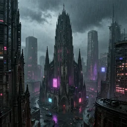 brutalist mega city by arnold bocklin, distopic, megalopolis, gothic architecture, megalophobia, neon lights, depressing, rain, raytracing