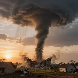amazing tornado crushing buildings and houses, in sunset by marc adamus, beautiful dramatic lighting, as people fly off the distance