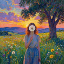 girl with dandelion as a face, surreal photography, dream, standing in flower field, hills, big trees, sunrise dramatic light, impressionist painting, colorful clouds, digital painting, pointillism, artstation, simon stalenhag