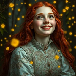 infp young woman, smiling amazed, golden fireflies lights, full covering intricate detailed dress, amidst nature, long red hair, precise linework, accurate green eyes, small nose with freckles, oval shape face, realistic, expressive emotions, dramatic lights, hyper realistic ultrafine art by artemisia gentileschi, caravaggio, jessica rossier, boris vallejo