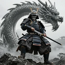 a godlike and indomitable helmeted and masked samurai posing with their realistic detailed katana and wakizashi riding an enormous dragon. Giant dragon coming up in background. Badass pose. Photo realistic. Gregory Crewdson. Award winning. Masterpiece, exquisite detail, post processing