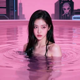 lee jin - eun emerging from pink water in cyberpunk theme by peter mohrbacher and milo manara gi, rule of thirds, seductive look, beautiful