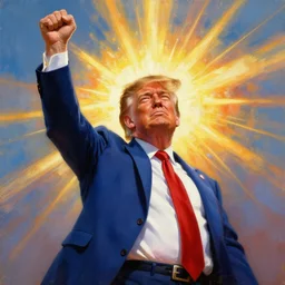 alex ross painting of donald trump, sun rays, glorious, victory, usa, heroic