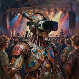 junky rock concert, cybertronic gadgets and vr helmet, flesh + technology, durty colours, long shot, rotten textures, rusty shapes, biotechnology, norman rockwell, tim hildebrandt, dariusz zawadzki, bruce pennington, larry elmore, hyperrealistic oil painting on wood, deep depth field, masterpiece, cinematic composition, hyper - detailed, hd, hdr