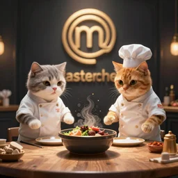 anthropomorphic cats competing in masterchef
