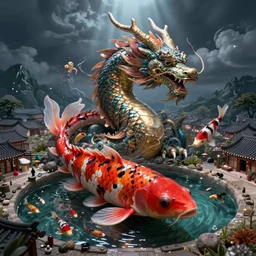 ethereal, gorgeous, mysteriously beautiful giant huge kaiju sized pond dragon half fish half salamander, sea dragon, wet amphibious skin, red salamander, axolotl creature, koi pond, korean village by Ruan Jia and Gil Elvgren, fullbody