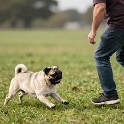 pug chasing a man