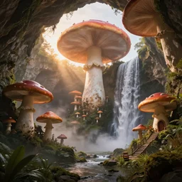 a beautiful and stunning professional digital artwork of a humongous mushroom cave, mushroom houses, haze, waterfall, volumetric lighting, hyperrealistic, sunset, rtx on, ultra detail