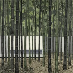 bamboo forest by dan mumford and peter doig and edward hopper, symmetrical, minimal, black ink, thick lines highly detailed, muted colours 8 k