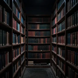 Photograph by Nirav Patel of a midnight crypt with bookshelves. Full colour, HD, darkness collection. Evil dark colour.